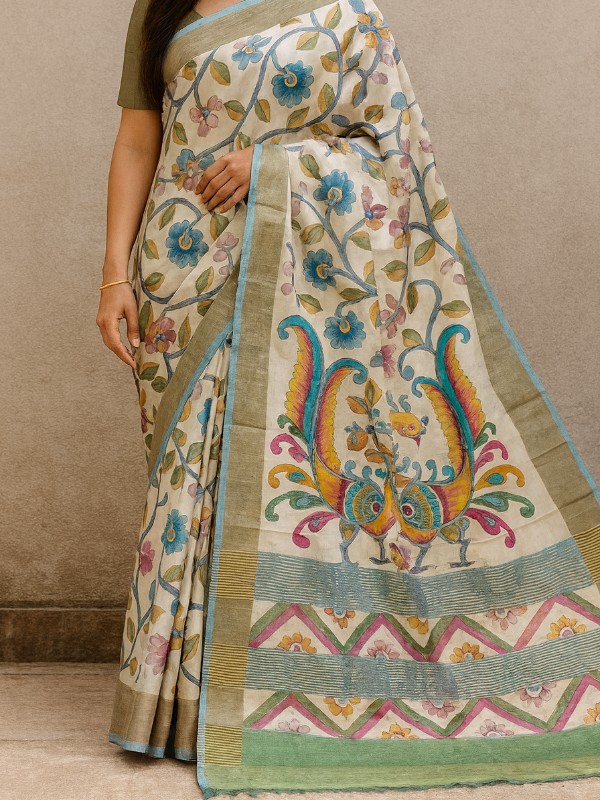 Bishnupuri Hand Painted Kalamkari Silk Saree