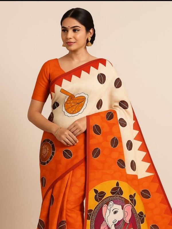 Bishnupuri Hand Painted Kalamkari Silk Saree - Orange
