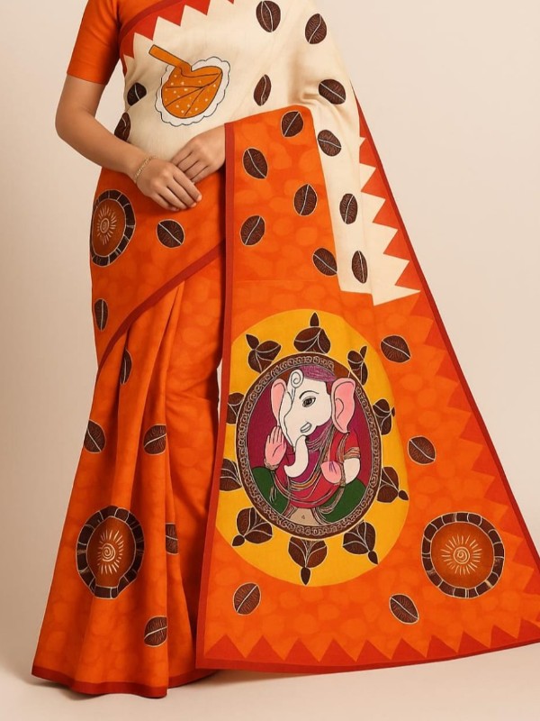 Bishnupuri Hand Painted Kalamkari Silk Saree - Orange