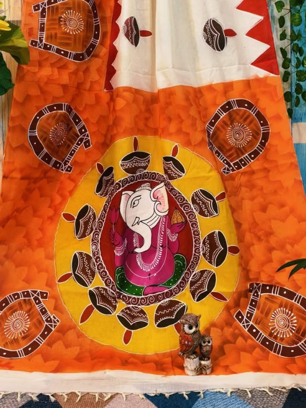 Bishnupuri Hand Painted Kalamkari Silk Saree - Orange