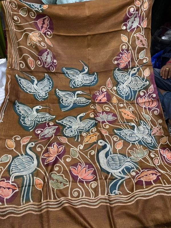 Pure Tussar Silk Saree with Kantha Stitch