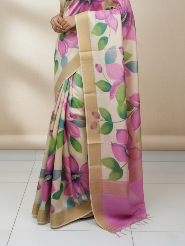 Zari border Tussar hand painted Silk saree