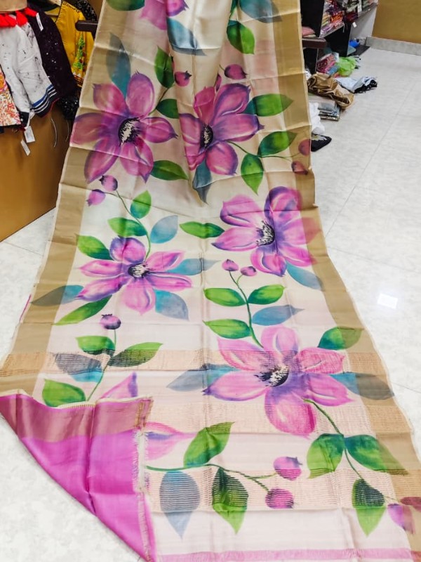 Zari border Tussar hand painted Silk saree