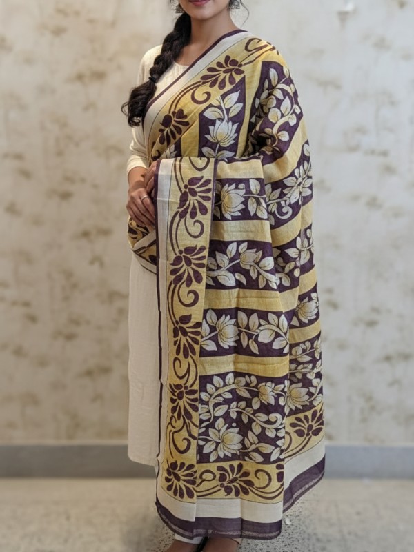 Hand painted pen kalamkari tussar dupatta