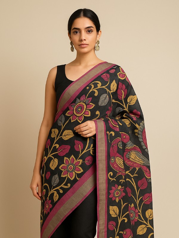 Hand painted pen kalamkari tussar dupatta