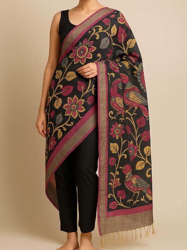 Hand painted pen kalamkari tussar dupatta