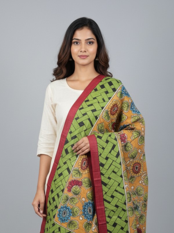 Hand painted pen kalamkari tussar dupatta