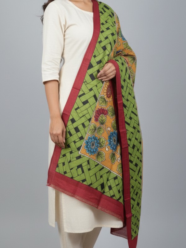 Hand painted pen kalamkari tussar dupatta