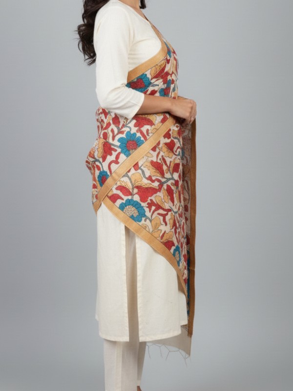 Hand painted pen kalamkari tussar dupatta