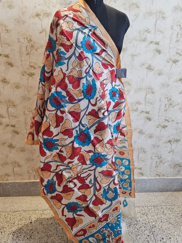 Hand painted pen kalamkari tussar dupatta