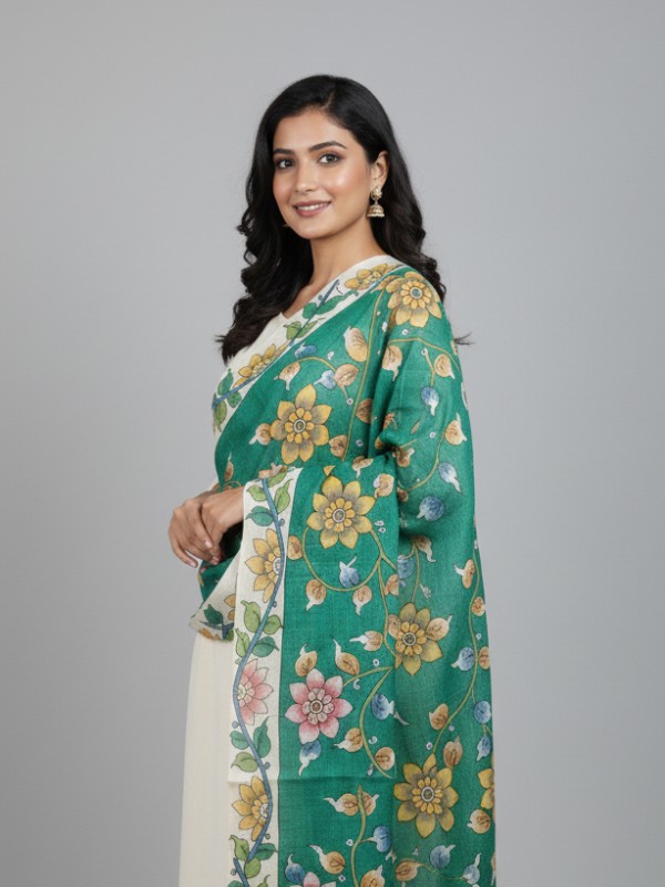 Kalamkari Hand Painted Tussar dupatta