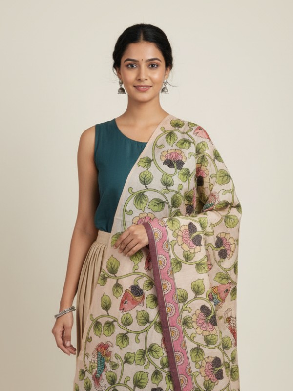 Kalamkari Hand Painted Tussar dupatta
