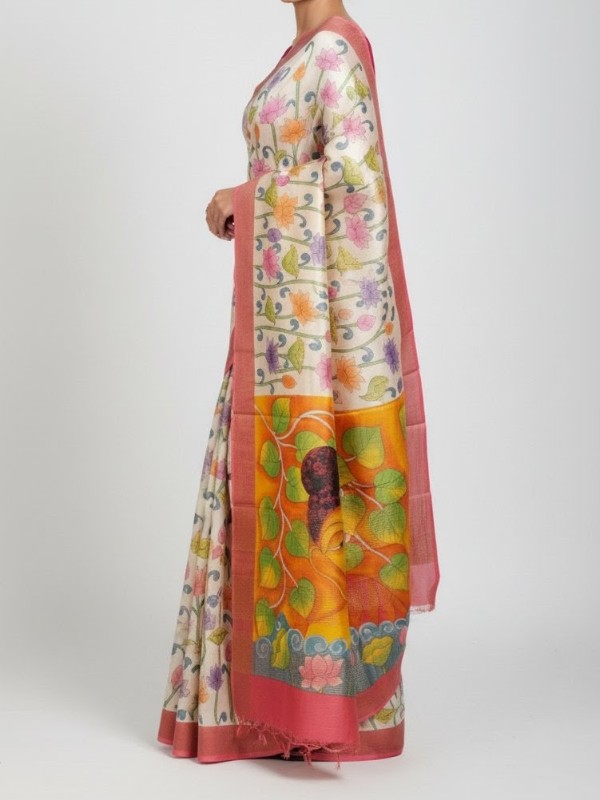 Zari border Tussar hand painted Silk saree