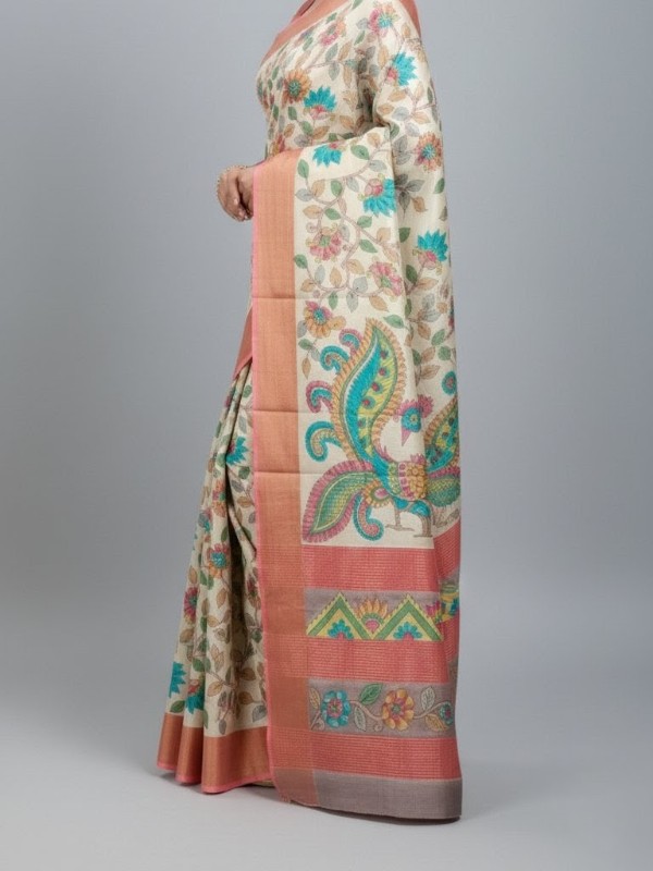 Zari border Tussar hand painted Silk saree