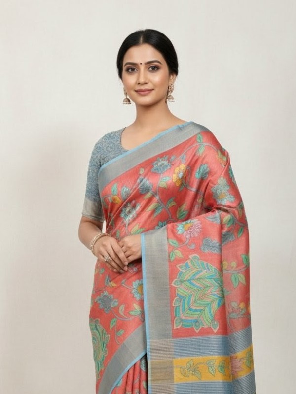 Zari border Tussar hand painted Silk saree