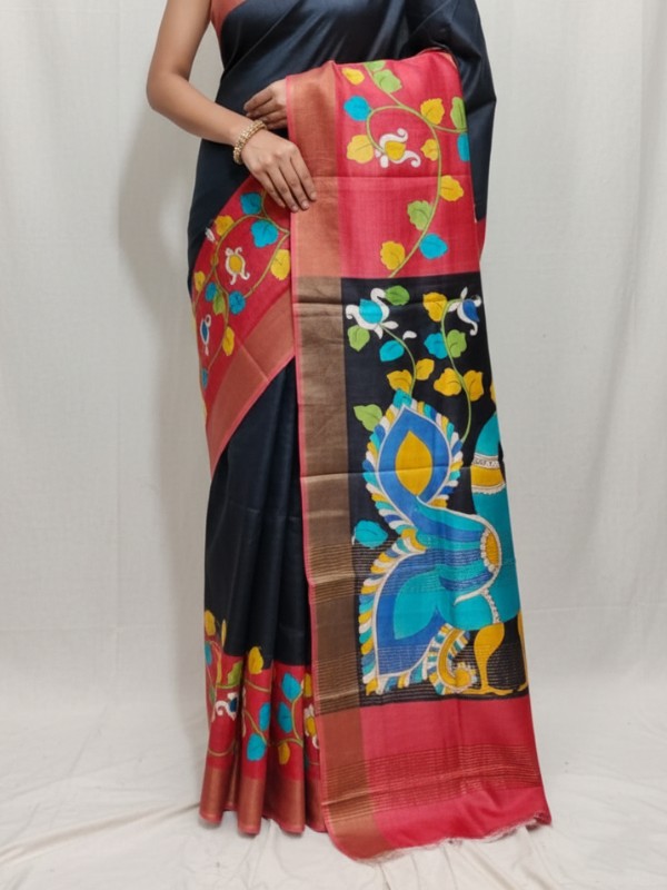 Zari border Tussar hand painted Silk saree