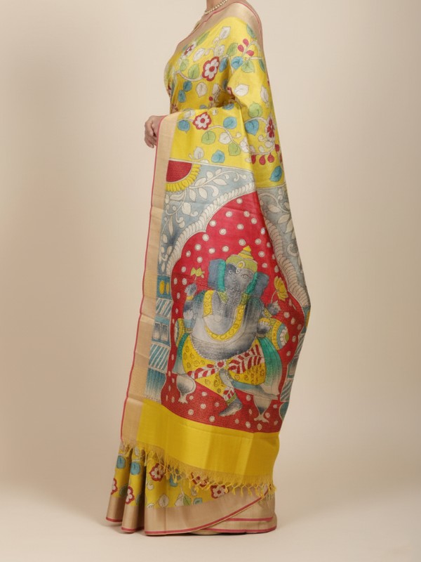 Zari border Tussar hand painted Silk saree