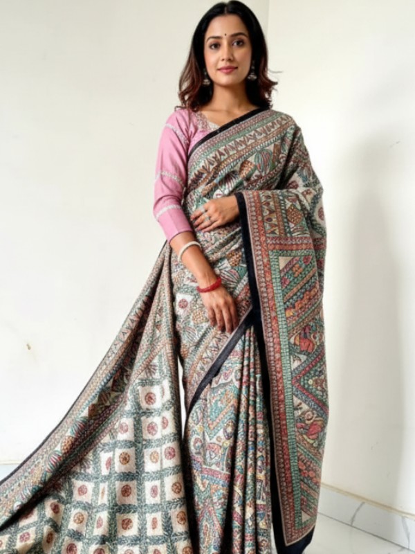 Ghicha Hand Painted Madhubani Saree
