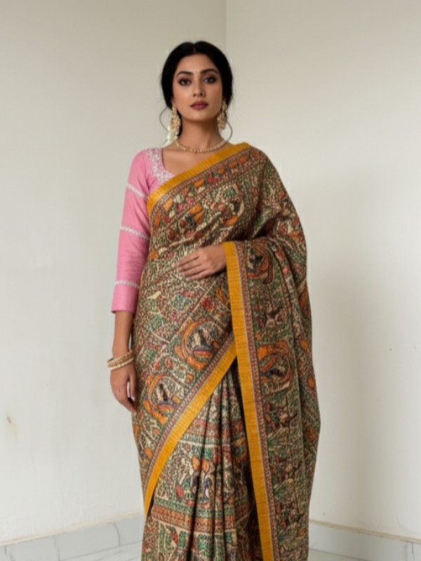 Ghicha Hand Painted Madhubani Saree