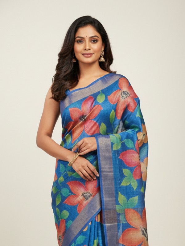 Zari border Tussar hand painted Silk saree