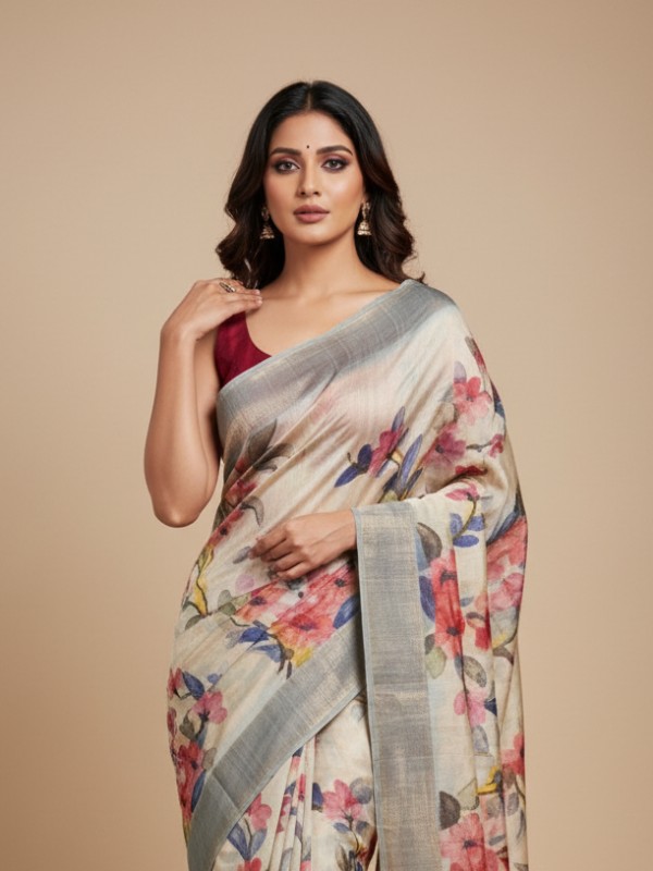 Zari border Tussar hand painted Silk saree