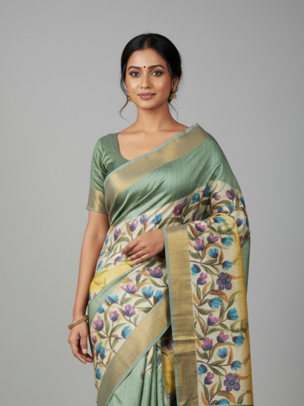 Zari border Tussar hand painted Silk saree
