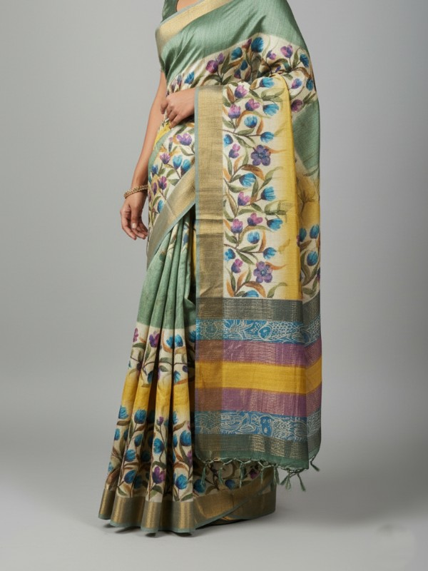 Zari border Tussar hand painted Silk saree