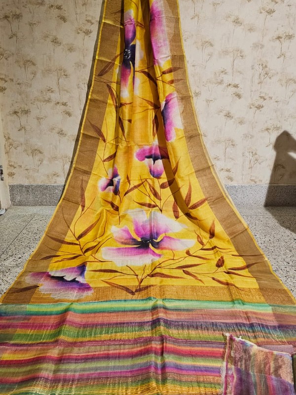 Zari border Tussar hand painted Silk saree