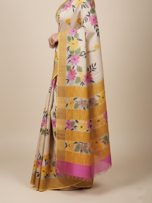 Zari border Tussar hand painted Silk saree