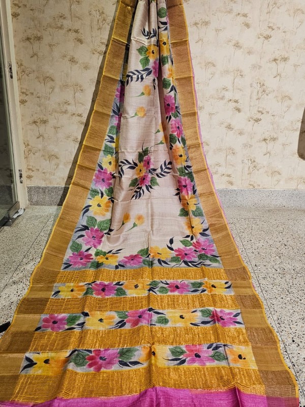 Zari border Tussar hand painted Silk saree