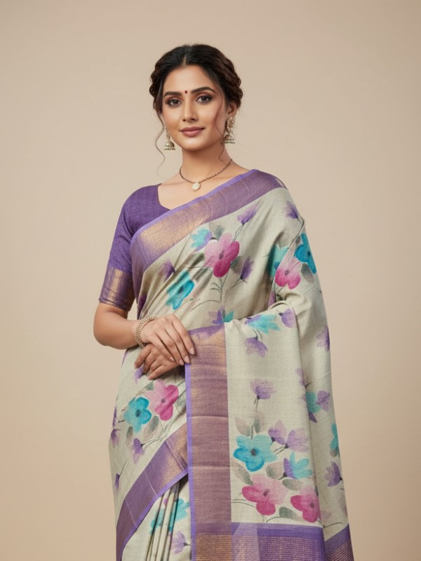 Zari border Tussar hand painted Silk saree
