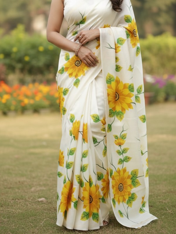 Zari border Tussar hand painted Silk saree