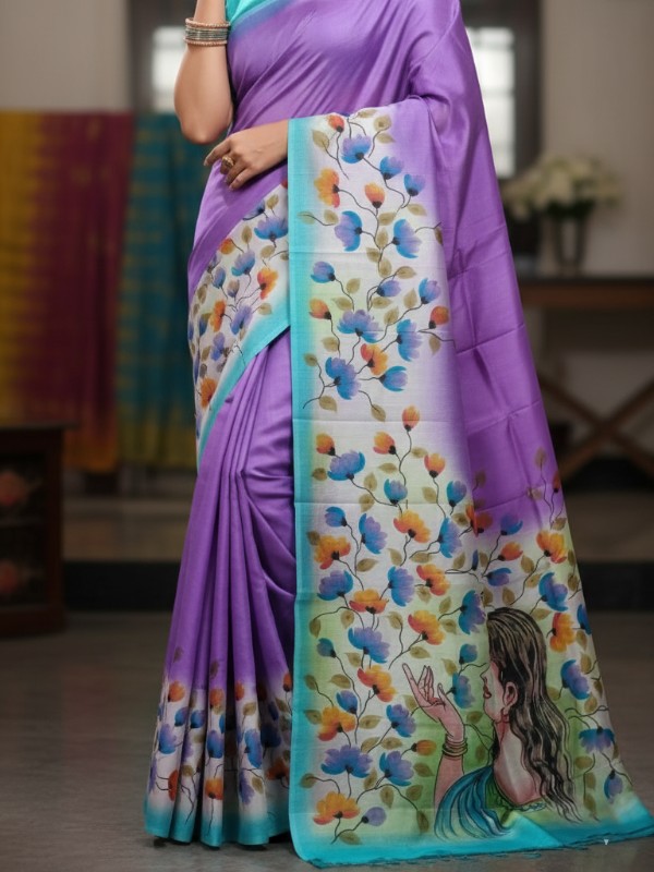 Zari border Tussar hand painted Silk saree