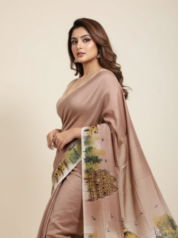 Zari border Tussar hand painted Silk saree