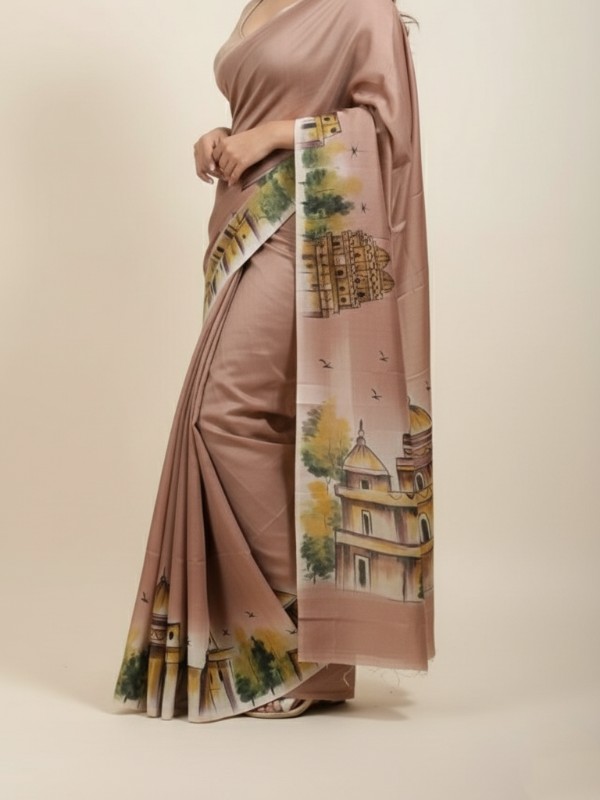 Zari border Tussar hand painted Silk saree