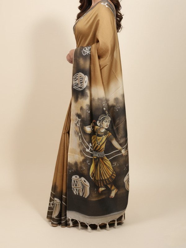 Zari border Tussar hand painted Silk saree