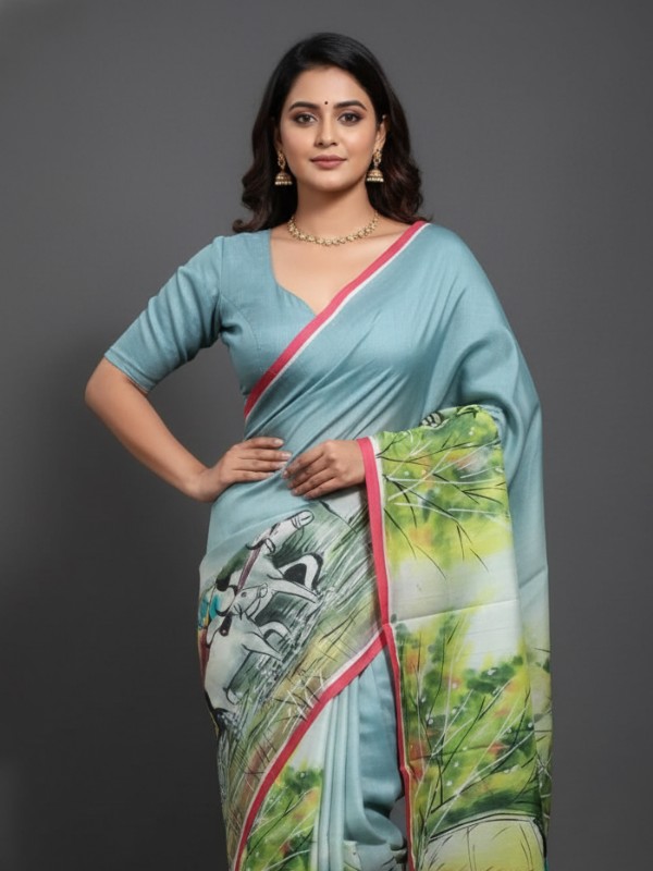 Zari border Tussar hand painted Silk saree