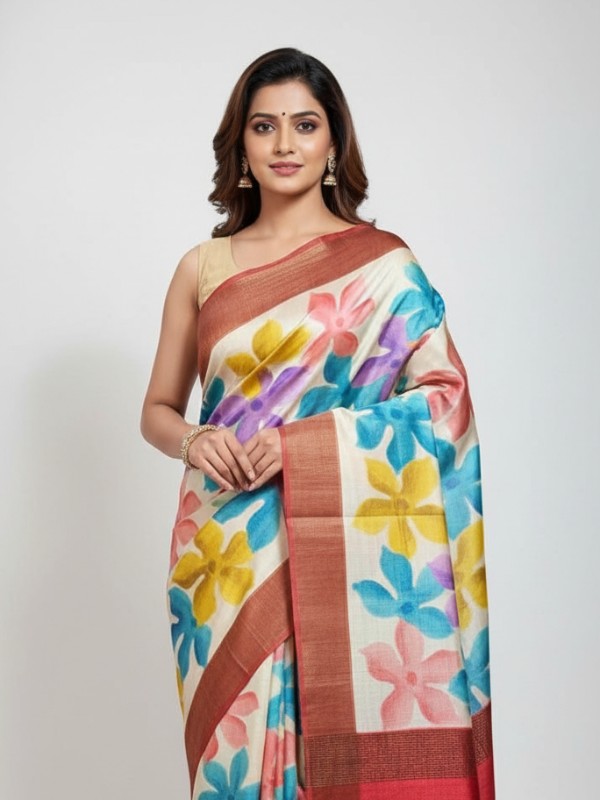 Zari border Tussar hand painted Silk saree