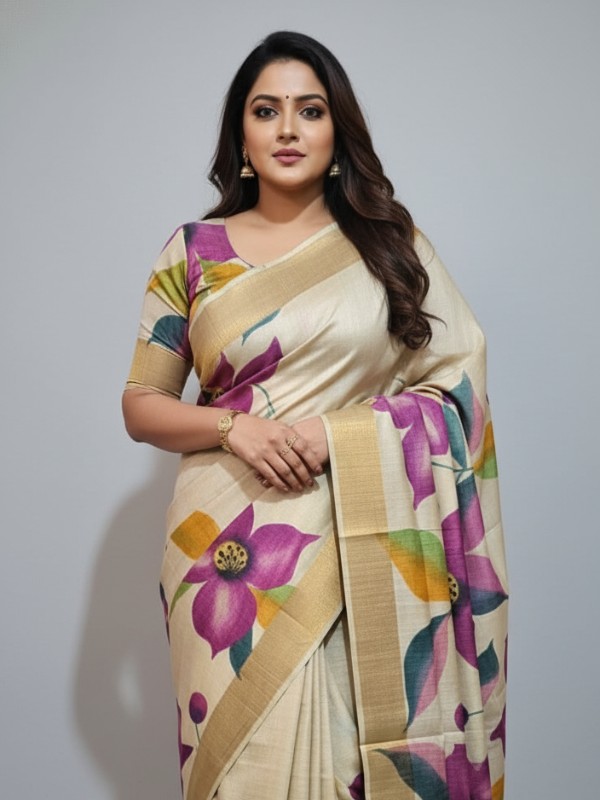 Zari border Tussar hand painted Silk saree