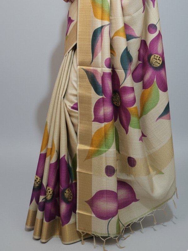 Zari border Tussar hand painted Silk saree