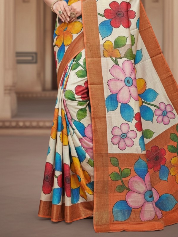 Zari border Tussar hand painted Silk saree