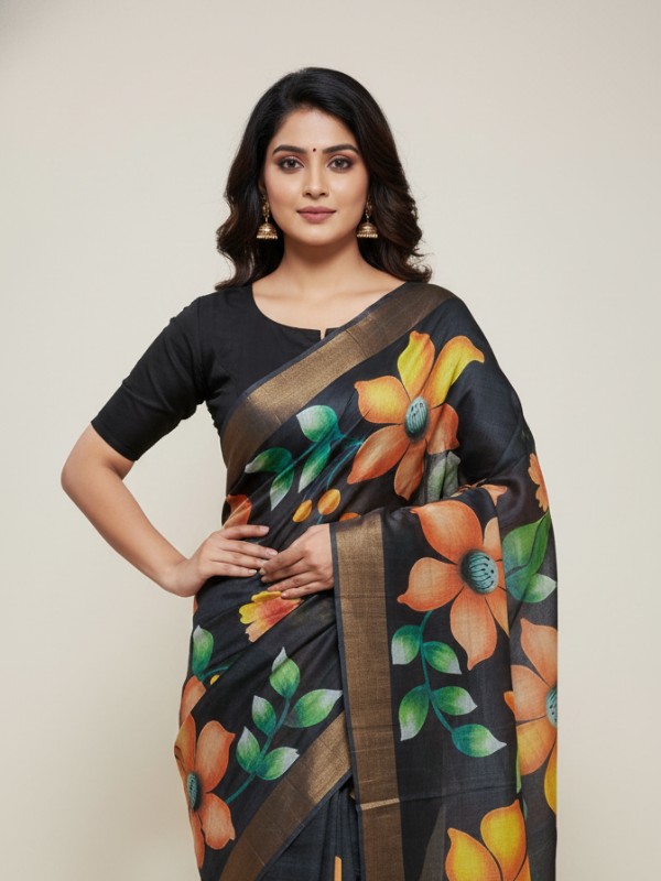 Zari border Tussar hand painted Silk saree