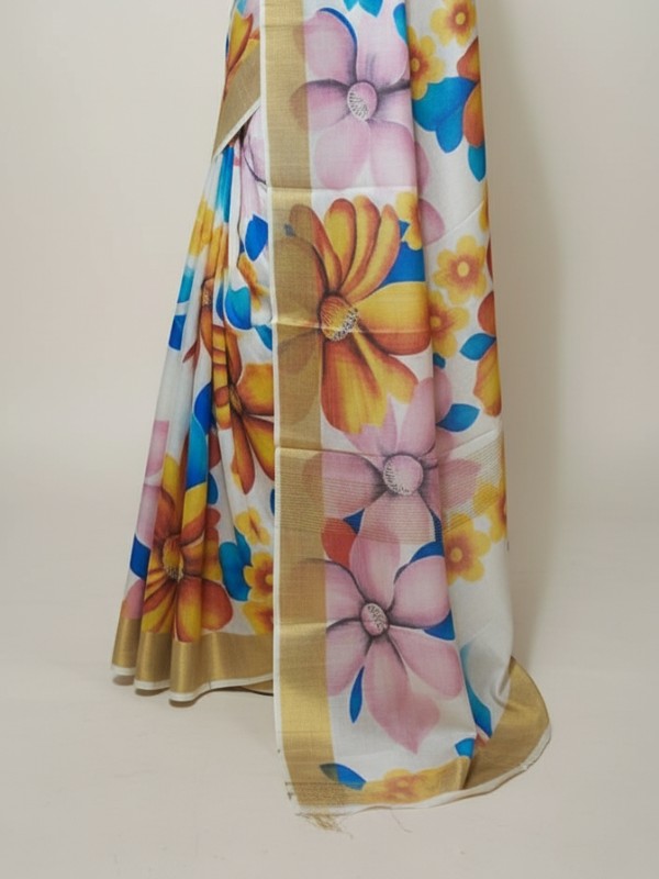 Zari border Tussar hand painted Silk saree