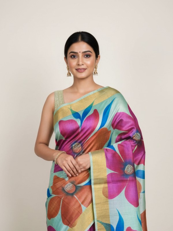 Zari border Tussar hand painted Silk saree