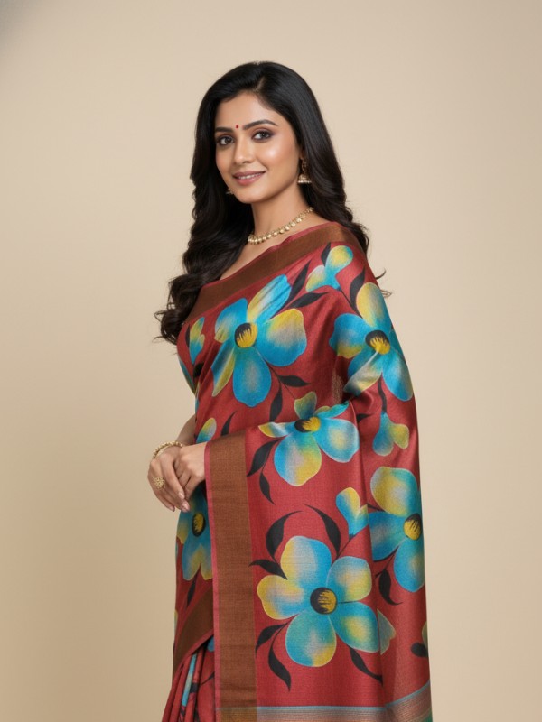 Zari border Tussar hand painted Silk saree