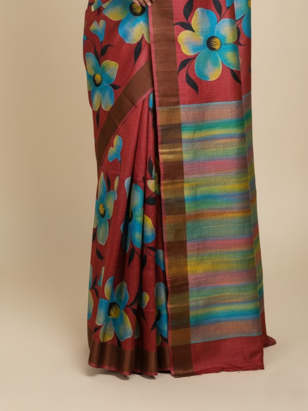 Zari border Tussar hand painted Silk saree